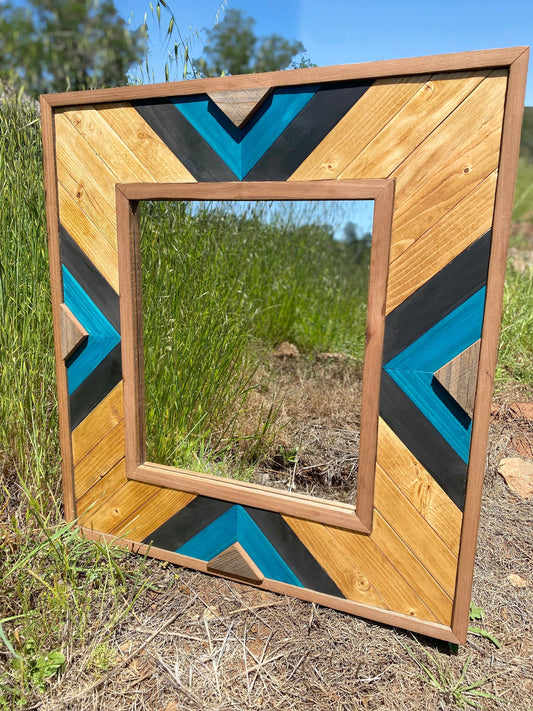 Mirror | Southwestern | Reclaimed Redwood | Pine | Wall Hanging Décor | Turquoise | Western | Boho | Black | Light Brown | Beauty