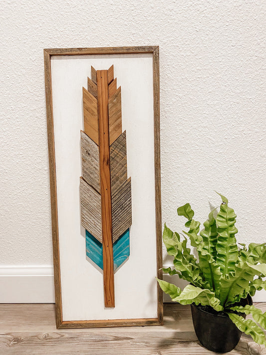 Rustic | Boho | Western | Farmhouse Modern | Feather Wood Art | Wall Hanging Décor | Turquoise | NorCal Reclaimed Redwood