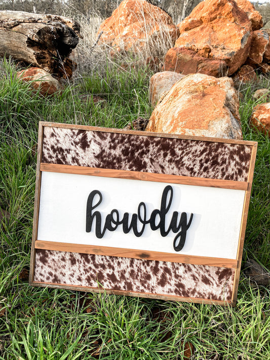 Rustic | "Howdy" | Western | Farmhouse | Wood Art | Wall Hanging Décor | Cowhide | NorCal Reclaimed Redwood | Pine